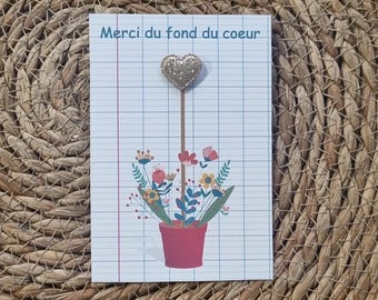 Broche "maîtresse, ATSEM, AVS..." sur jolie carte