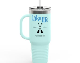 Vaso con diseño de estanque de la Isla Grande / Mapa de la vida en el lago en acuarela, taza con coordenadas