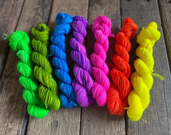 Hand-dyed wool, neon sock yarn mini set, 20g skeins