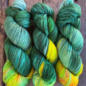 Peut inclure: Trois écheveaux de fil teints à la main dans des tons de vert, de sarcelle et de jaune. Le fil est disposé en forme torsadée et volumineuse, avec des couleurs qui se mélangent et se transforment. Le fil est probablement en laine ou en fibre similaire.