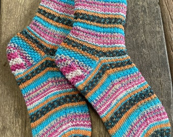 Handgestrickte warme Kuschelsocken aus 4fach  Sockenwolle Gr.38-39 Unikate!Stricksocken, Wollsocken  Bunt, Handgemacht