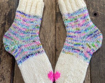 Handgestrickte  dicke Wollsocken aus handgefärbter 8fach  Sockenwolle, Haussocken Kuschelsocken,  Kinder Socken Gr.30/31 Unikate!!!