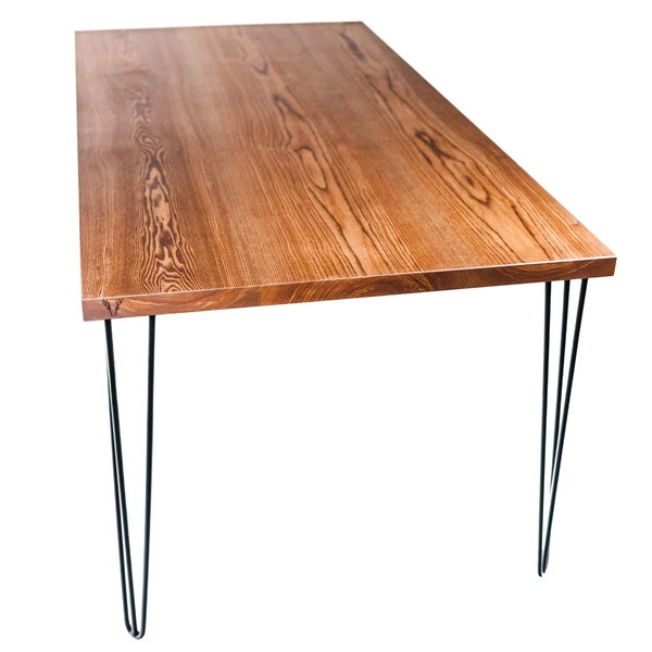 Table en bois massif en frêne | Table à manger, Table de cuisine | Jambes métalliques en épingle à cheveux | Conception de produits industriels | Nettoyer | 10 couleurs et tailles différentes