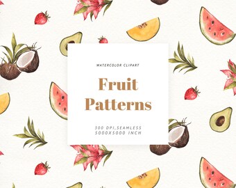 Tropical Melon and Palm Watercolor Seamless Pattern Digital Paper Clipart PNG