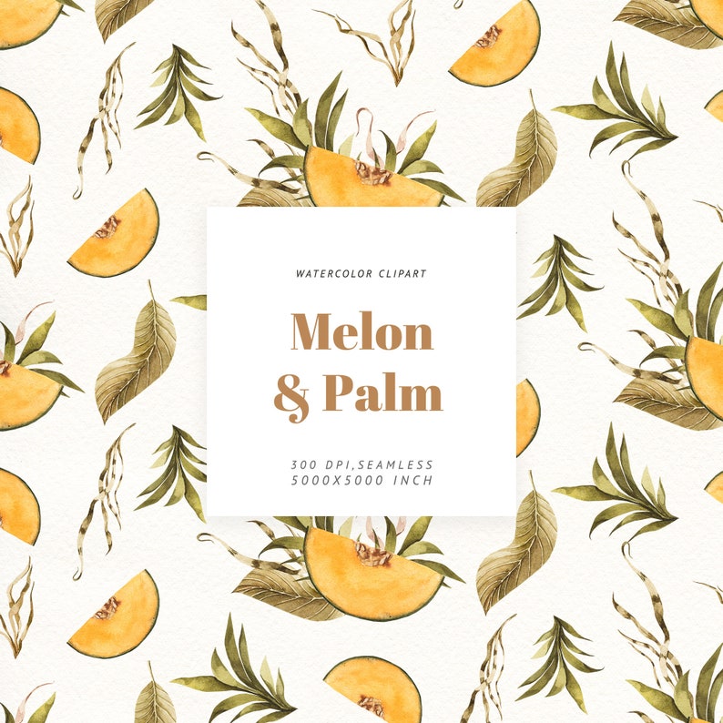 Tropical Melon and Palm Watercolor Seamless Pattern Digital Paper Clipart PNG