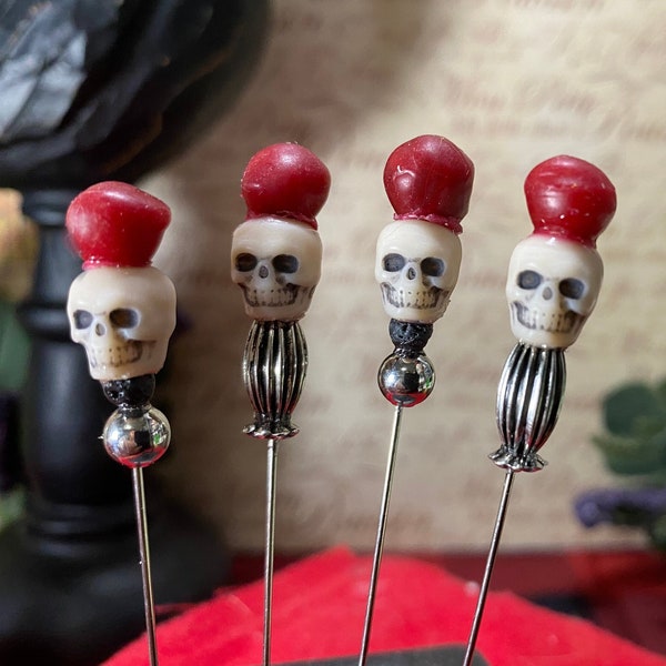 White Skulls, Poppet Pins with Red Beeswax Dipped Head - Set of 4 | Voodoo | Hoodoo | Spell Work | 3 inch pin