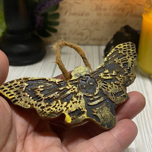 Death's-head Moth, Blackened Beeswax Amulet w Cinnamon Scent | Protection | Primitive | Altar | Decor | Ornament