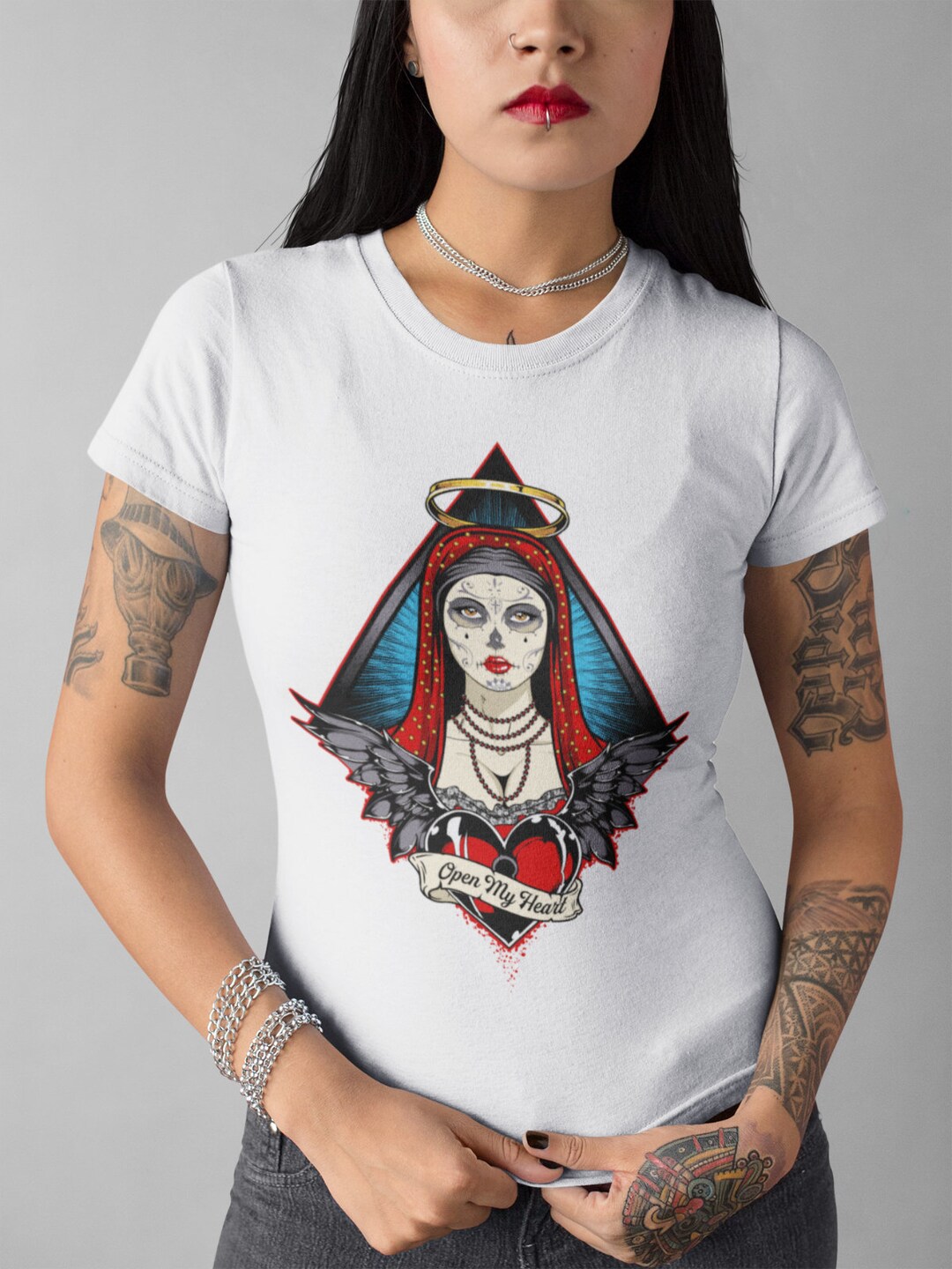 Open My Heart Mexican Tattoo Skull Dead Women's T-shirt Screen Printed -   Australia