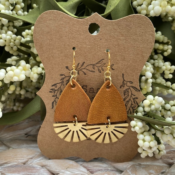 Our "SUNRISE" Earring ~ Handmade Painted and Stamped Leather Earrings ~ Diffuser Earrings ~ Tooled Leather ~ Teardrop Shaped Earrings
