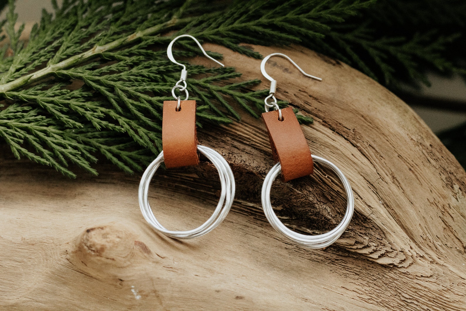 Our silver & Saddle Earring Handmade Leather Earrings Hoop Earrings