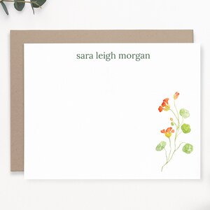 Floral personalized flat note cards, Set of 10 custom watercolor nasturtium stationery cards, Eco-friendly stationary set