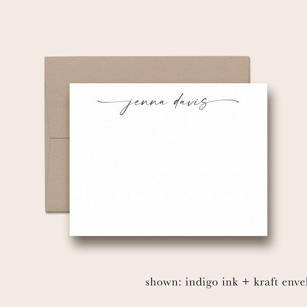 Personalized note cards set, Flat custom notecards with envelopes, Feminine script stationery gift for women