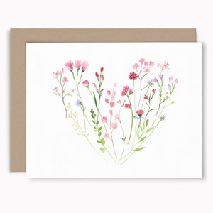Wildflower heart Valentine's Day card set, Watercolor wildflower cards, Eco friendly recycled greeting cards, Anniversary card