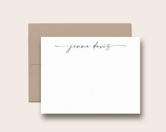 Personalized note cards set, Flat custom notecards with envelopes, Feminine script stationery gift for women