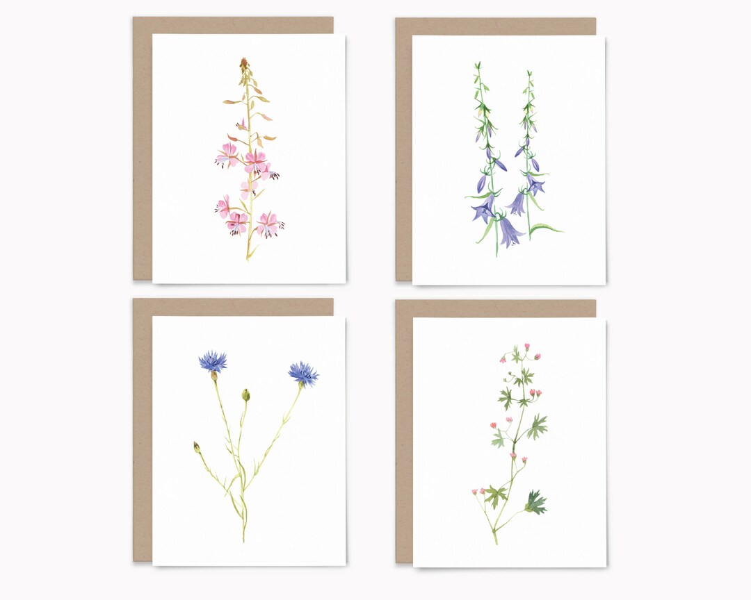 Recycled Wildflower Greeting Card Set, Botanical Watercolor Note Cards ...