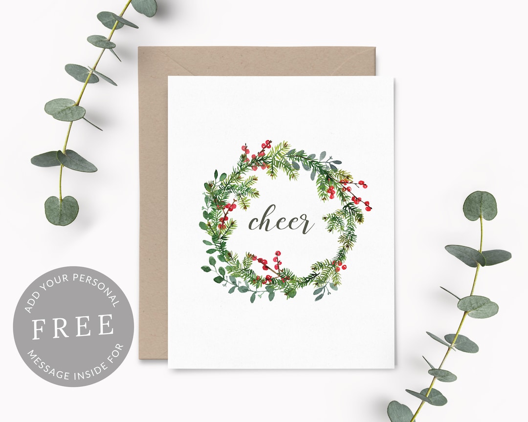 Cheer Wreath Christmas Cards, Set of 10 Watercolor Holiday Cards