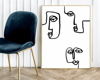 Printable Abstract Faces Print, Black Abstract Art, Digital, Line Drawing, Wall Art, Poster, Minimalist Printable Wall Art, Boho Prints