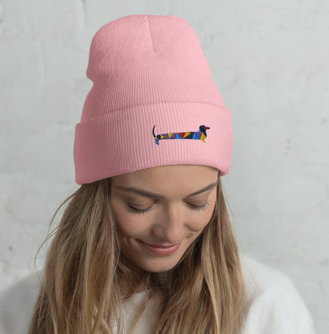 Dachshund Cuffed Embroidered Beanie, Beanie for Dog Lovers, Dog Beanie