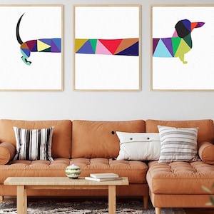 Dachshund Wall print set, Print Set of 3, Colorful print, Wall Decor, Dog Print, Midcentury Art, Boho, Gift, Dog, Set, Bohemian Art Print image 1