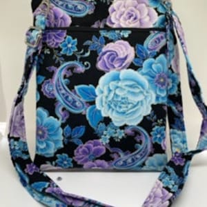 Blue and Purple Flowers and Paisley Crossbody Pouch with Adjustable Strap