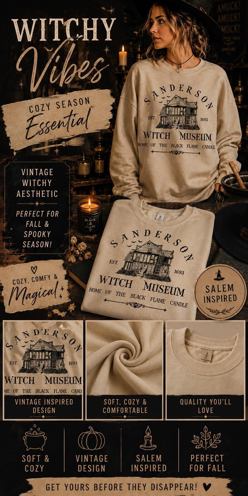 K&ouml;nnte beinhalten: Ein beigefarbenes Sweatshirt mit Rundhalsausschnitt und einem schwarzen Grafikdruck eines Hauses mit dem Text Sanderson Witch Museum Est. 1693 Home of the Black Flame Candle. Das lang&auml;rmelige Kleidungsst&uuml;ck hat einen gerippten Kragen, B&uuml;ndchen und Saum sowie eine Illustration im Vintage-Stil eines Geb&auml;udes mit fliegenden V&ouml;geln dar&uuml;ber.