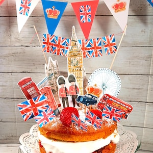 BRITISH Tea Party Supplies Printable Invitations Cupcake Cake Topper London Landmarks Themed Bunting Banner Flag Decor Birthday Party Favors