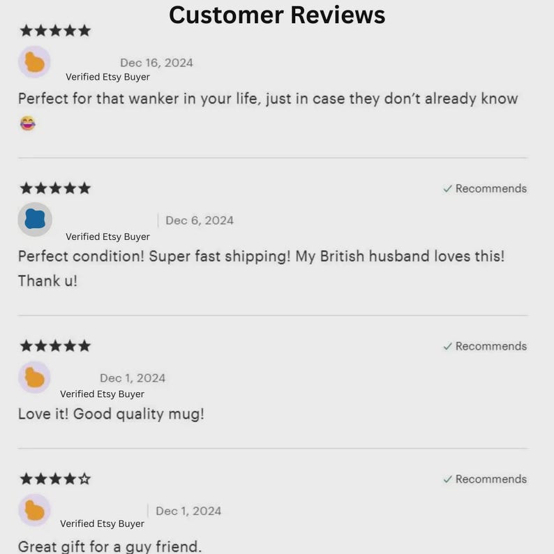 K&ouml;nnte beinhalten: Eine digitale Anzeige von Kundenbewertungen f&uuml;r ein Etsy-Produkt. Der Text enth&auml;lt F&uuml;nf-Sterne-Bewertungen, Daten und Kommentare wie 'Perfect for that wanker in your life', 'Perfect condition', 'Love it! Good quality mug' und 'Great gift for a guy friend'.