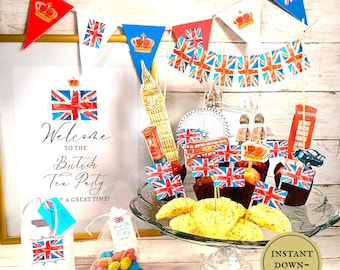 BRITISH Tea Party Lieferungen druckbare Einladungen Cupcake Kuchen Topper London Sehenswürdigkeiten Themed Bunting Banner Flagge Dekor Geburtstag Gastgeschenke