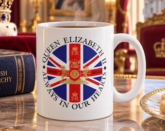 QUEEN ELIZABETH II Commemorative Mug Royal Crest Memorabilia Uk British Monarch Union Flag Memorial Cup Keepsake Gift Her Majesty Present