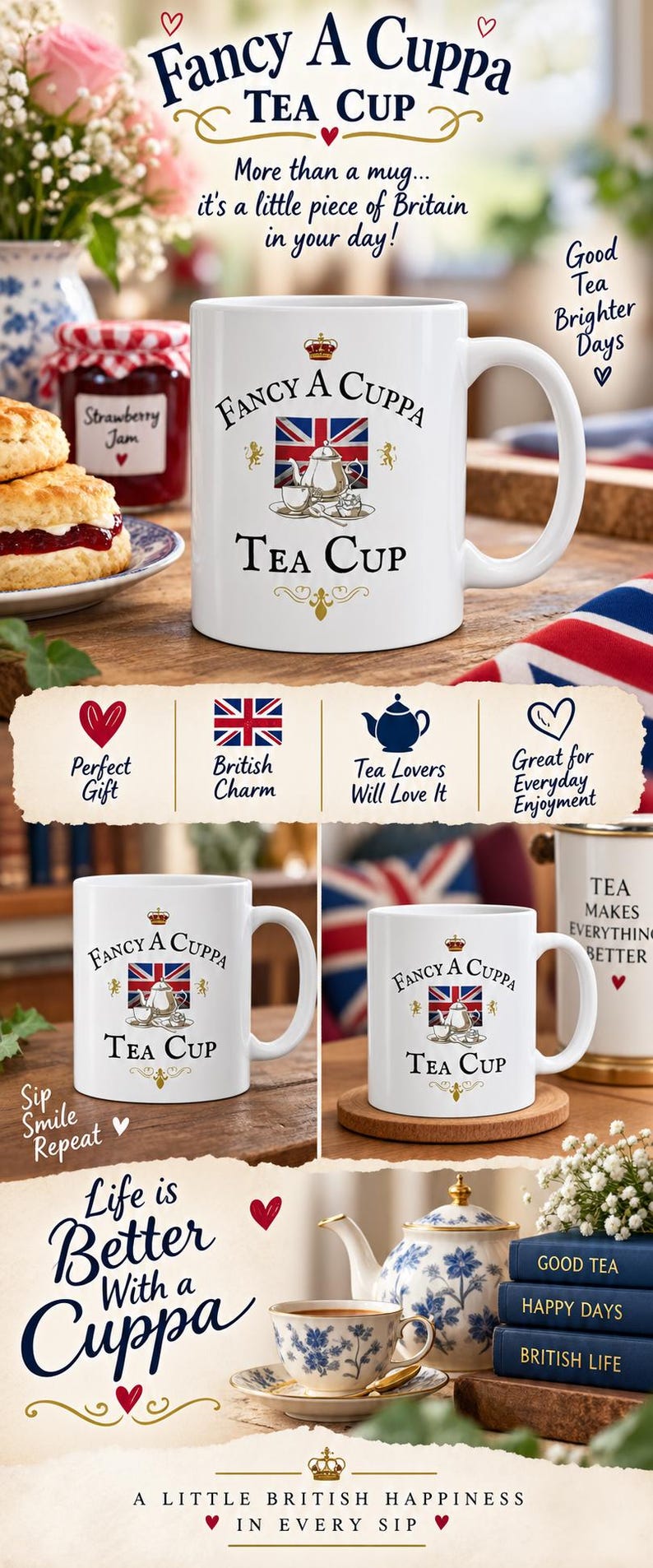 May include: A white ceramic mug featuring the text Fancy A Cuppa Tea Cup, a small crown icon, and a graphic of a Union Jack flag with a teapot and teacup. The design includes gold accents and decorative flourishes on a standard cylindrical mug.