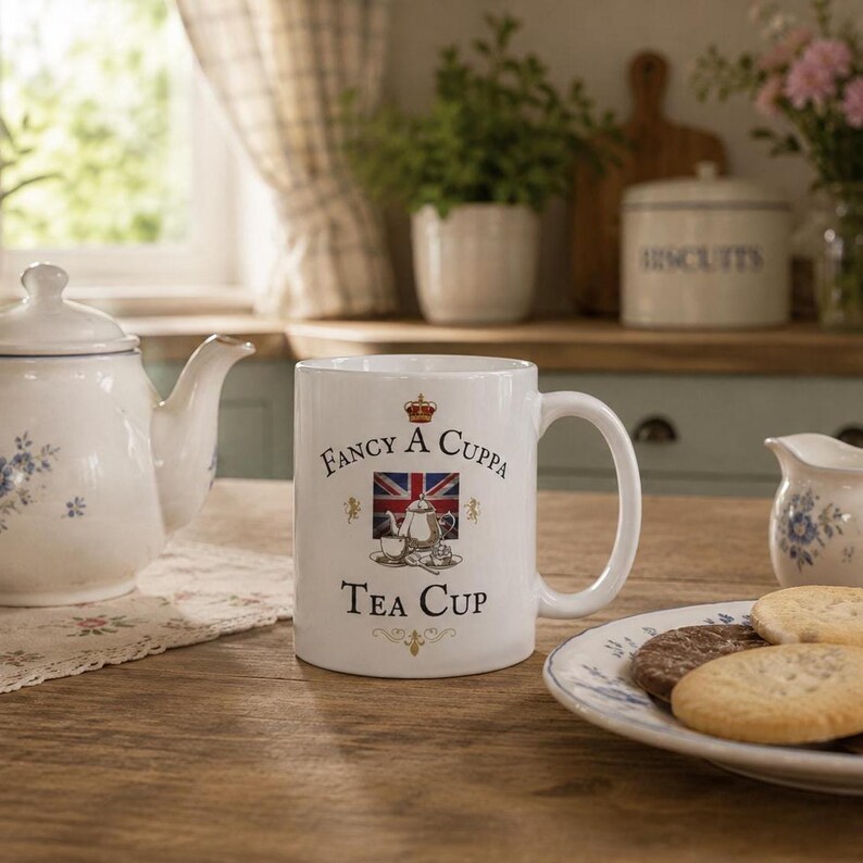 May include: A white ceramic mug featuring the text Fancy A Cuppa Tea Cup, a small crown icon, and a graphic of a teapot centered over a Union Jack flag. The design includes small gold lion accents on either side of the central teapot illustration.