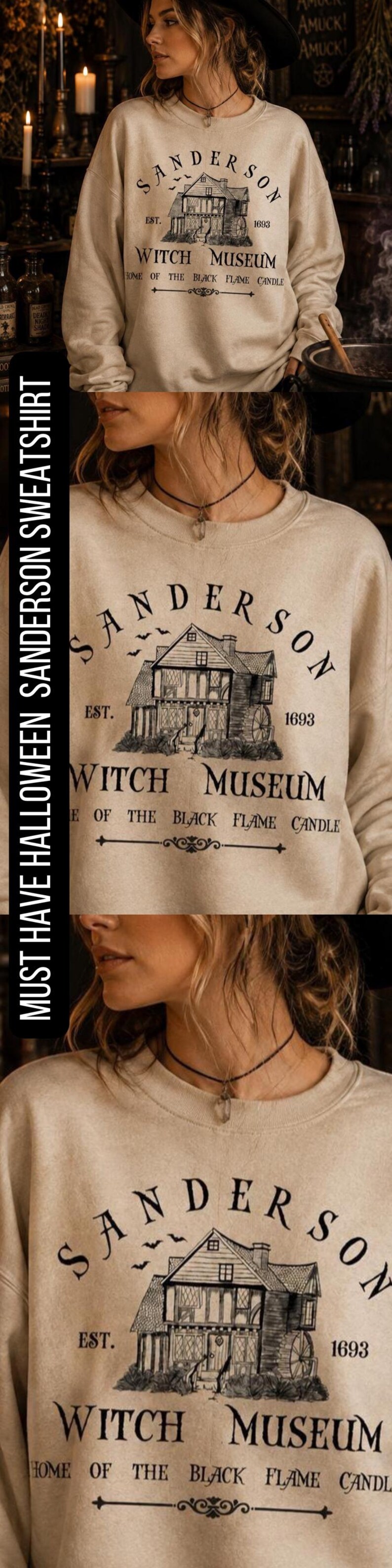 K&ouml;nnte beinhalten: Ein beigefarbenes Sweatshirt mit Rundhalsausschnitt und einem schwarzen Grafikdruck eines Hauses mit dem Text Sanderson Witch Museum, Est. 1693, und Home of the Black Flame Candle. Das Design zeigt kleine fliegende Flederm&auml;use &uuml;ber dem Haus.
