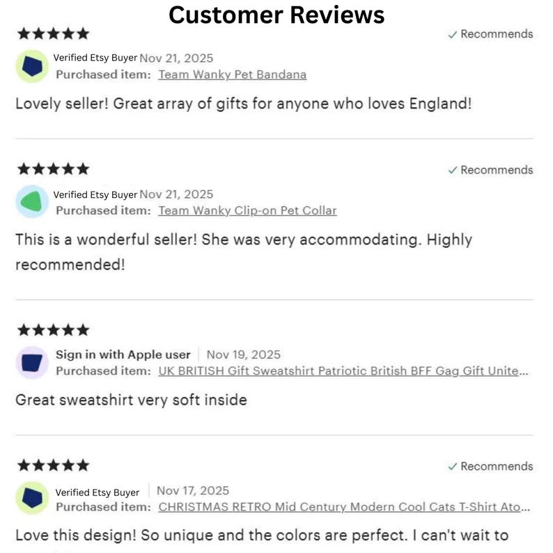 May include: A digital display of customer reviews featuring five-star ratings, user names, dates, and purchased item titles including Team Wanky Pet Bandana, Team Wanky Clip-on Pet Collar, UK British Gift Sweatshirt, and Christmas Retro Cool Cats T-Shirt.