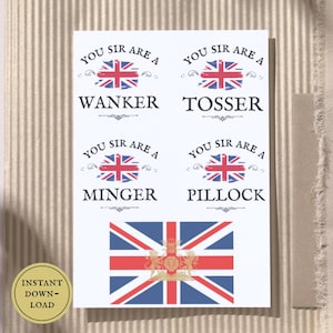 BRITISH Printable Sticker Anglophile Gift UK PNG Union Jack Flag Royal Crest Coat of Arms English Stickers Patriotic Decor Fun Wanker Patch