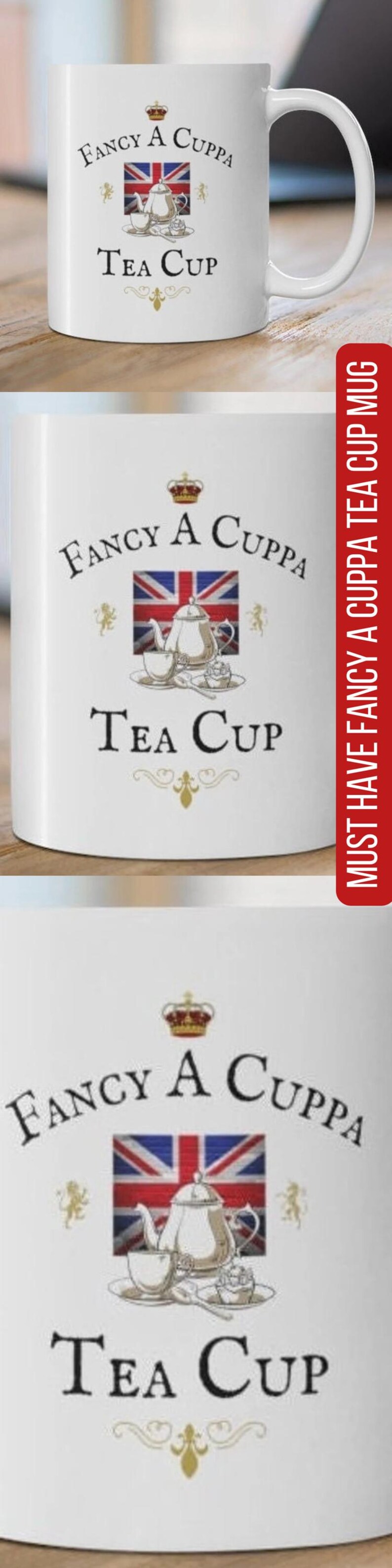 May include: A white ceramic mug featuring a graphic of a Union Jack flag, a silver teapot, a teacup, and a cupcake. The text reads "Fancy A Cuppa" above the flag and "Tea Cup" below, with a small crown icon at the top and gold flourishes.