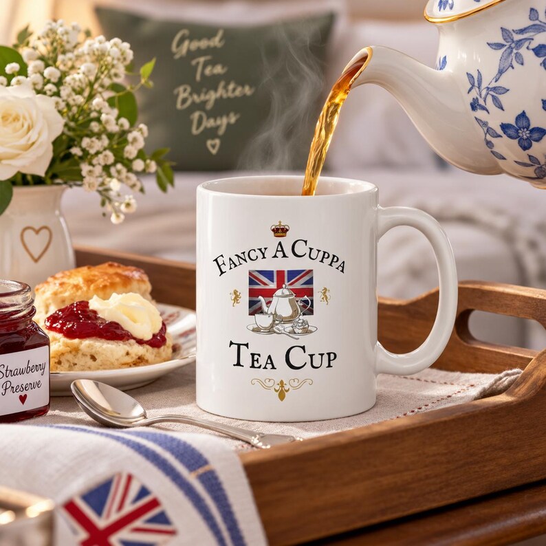 May include: A white ceramic mug with the text Fancy A Cuppa Tea Cup, a small crown, a Union Jack flag, and a teapot illustration. Hot tea is being poured into the mug from a blue and white floral teapot. A scone with jam and cream is nearby.