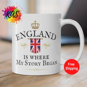 BRITISH Expats Present United Kingdom Gag Gift Great Britain Teacup Across The Pond UK Flag Coffee Cup ENGLAND is Where My Story Began Mug