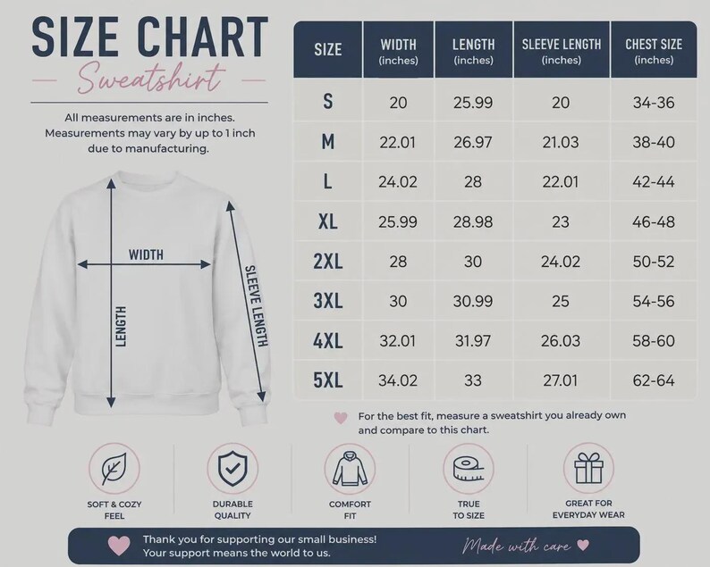 K&ouml;nnte beinhalten: Eine Gr&ouml;&szlig;entabelle f&uuml;r ein Sweatshirt mit einer Abbildung eines wei&szlig;en Sweatshirts, bei dem Pfeile Breite, L&auml;nge und &Auml;rmell&auml;nge anzeigen. Eine Tabelle listet die Gr&ouml;&szlig;en S bis 5XL mit den entsprechenden Ma&szlig;en in Zoll f&uuml;r Breite, L&auml;nge und &Auml;rmel auf.