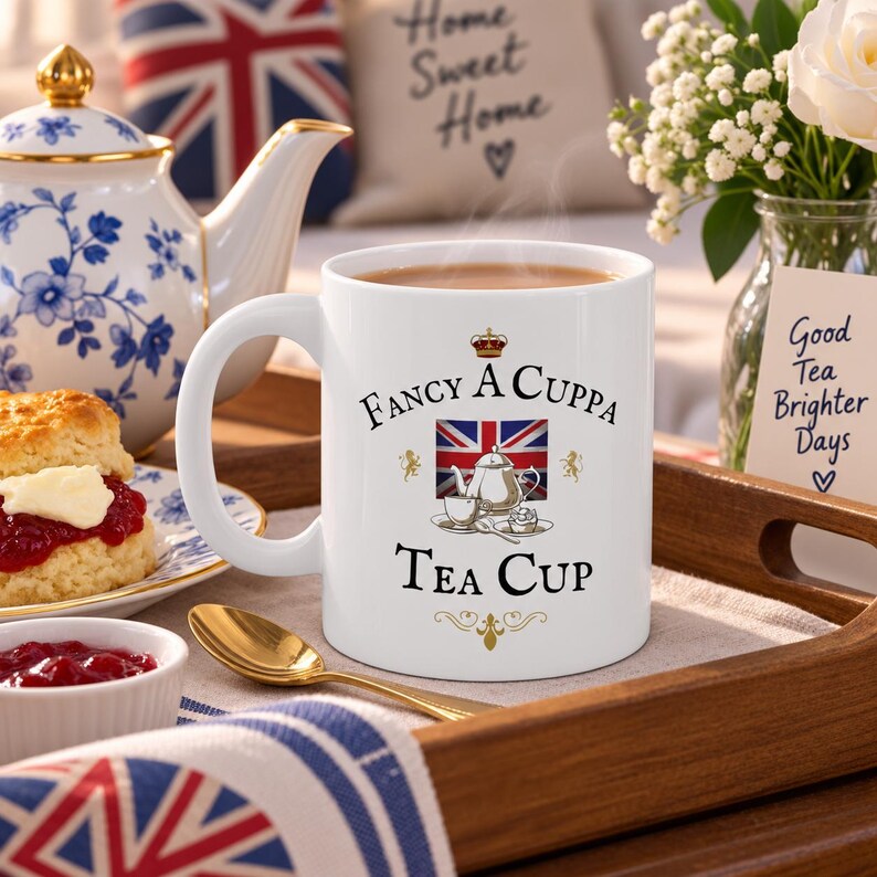May include: A white ceramic mug filled with tea, featuring the text "Fancy A Cuppa Tea Cup" in black lettering, a small crown icon, a Union Jack flag graphic, and a detailed illustration of a teapot, teacup, and sugar bowl in the center.