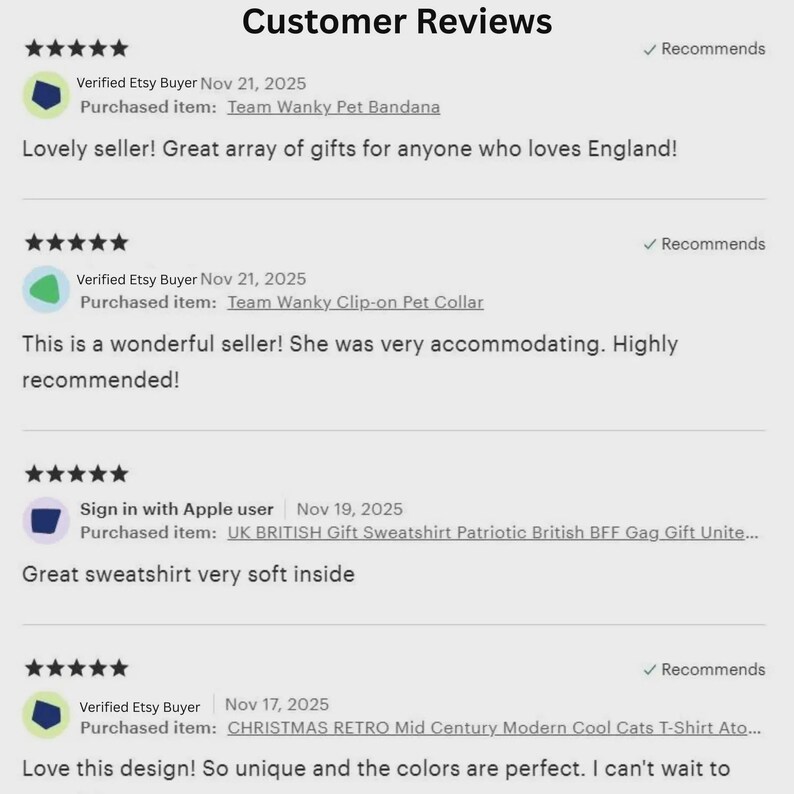 K&ouml;nnte beinhalten: Eine digitale Anzeige von Kundenbewertungen f&uuml;r einen Etsy-Shop. Der Text enth&auml;lt die &Uuml;berschrift Customer Reviews, F&uuml;nf-Sterne-Bewertungen, Daten und Texte von K&auml;ufern zu Artikeln wie einem Haustier-Bandana, einem Halsband und einem Sweatshirt.
