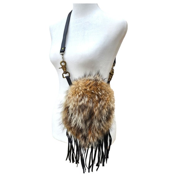 Vintage Raccoon Fur Purse with Black Leather Frin… - image 1
