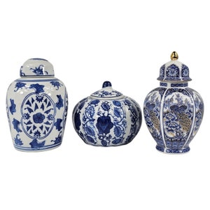 Lot of 3 Ceramic Blue-White Ginger Jars - Jamestown Peacock & More 4.5"-6.25"