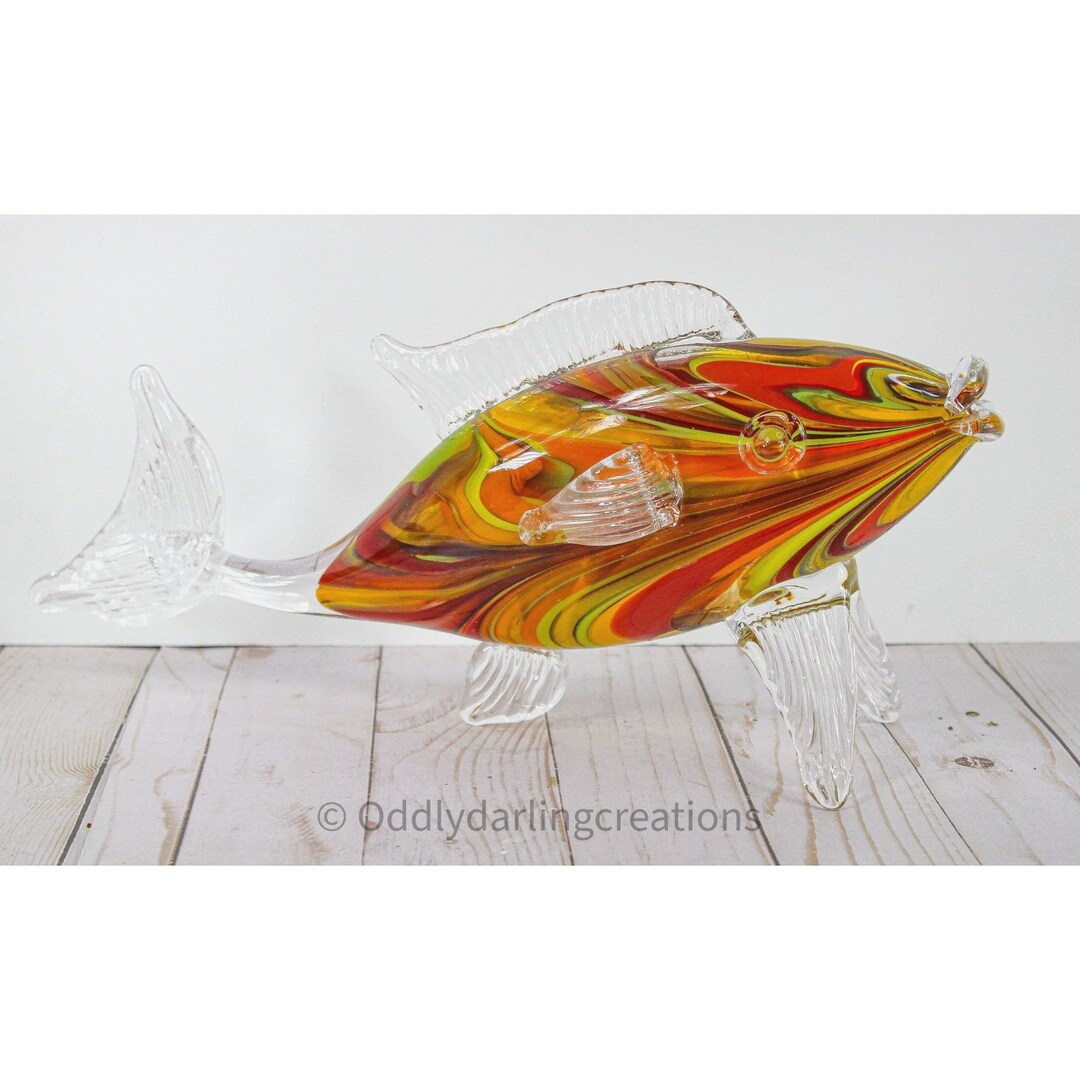 Peter Kaspar Handblown Lead Crystal Fish Rich Colors, 6.75 X 14.5 Art