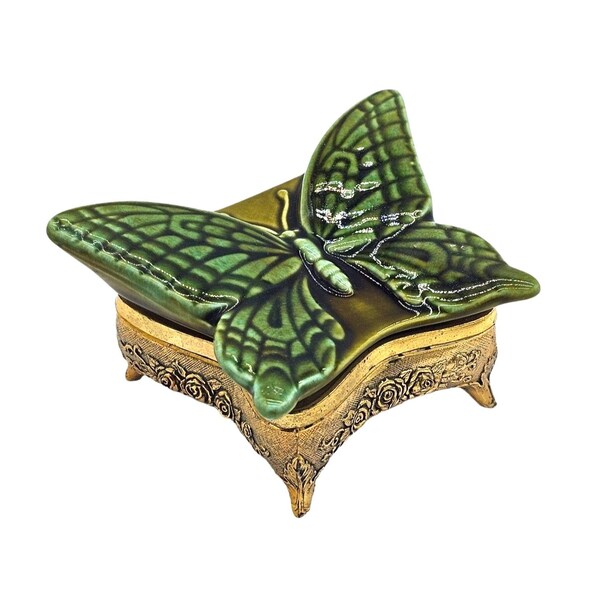 Vtg Green Butterfly Jewelry Trinket Box Footed Metal Porcelain Gold-Tone Japan