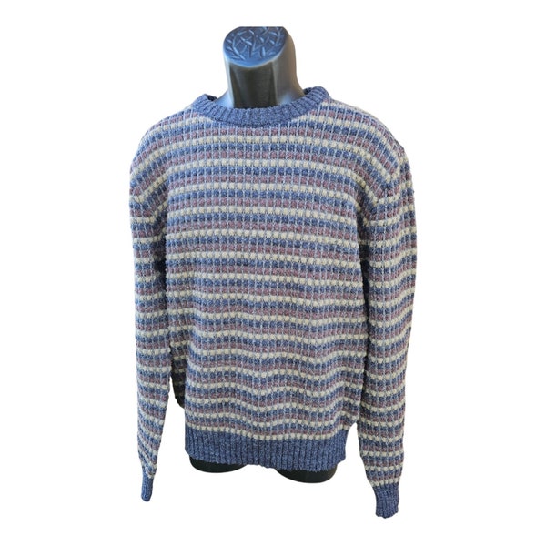 Vtg 80s Men's Twenty Three Collection Textured Knit Sweater Large Blue Tan Gray