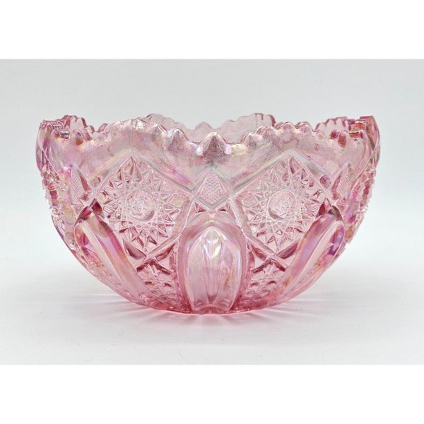 Grote vintage Smith Glass Quintec roze carnaval glazen kom - iriserende elegantie