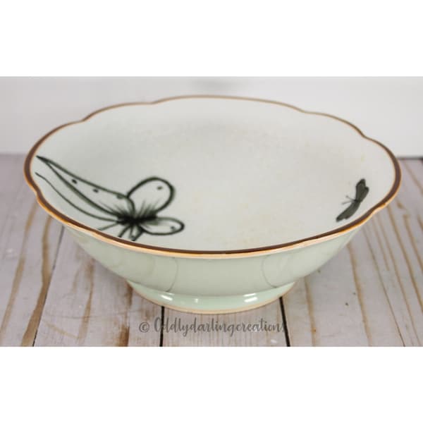 Vintage Ceramic Celadon Bowl Trinket Dish Butterfly Design Textured Inside