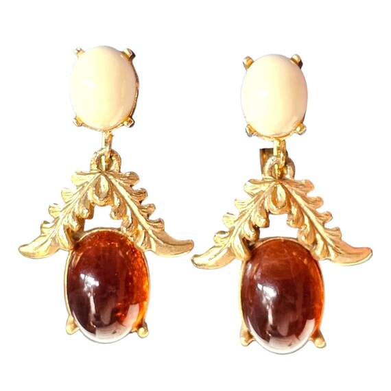 Vintage Signed Emmons Amber Glass Art Clip-On Ear… - image 1