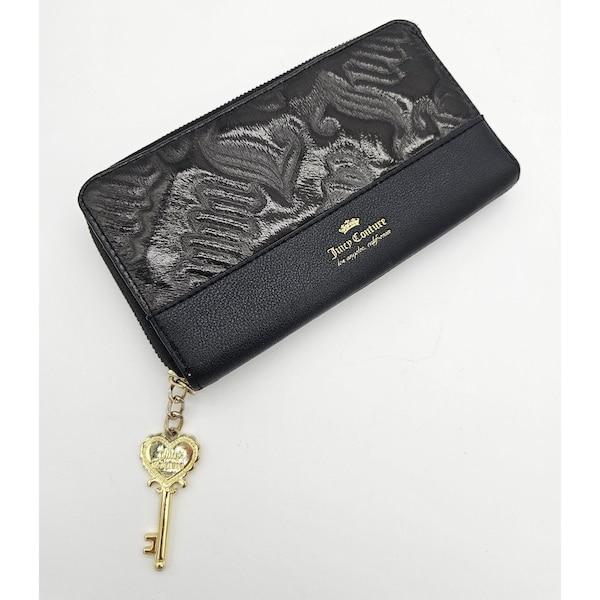 Portefeuille de luxe Juicy Couture, noir, grande pochette, fermeture à glissière, matériel doré, 16 cartes