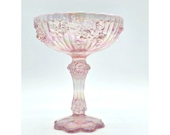 Vintage Fenton Cabbage Rose, Pink Iridescent Footed Compote Candy Dish EUC
